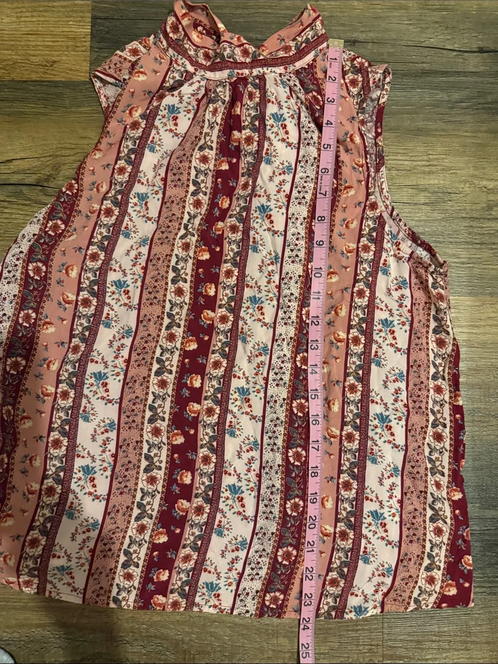 ANDREE BY UNIT Sleeveless Pink and Burgundy Floral Stripe Peasant Top